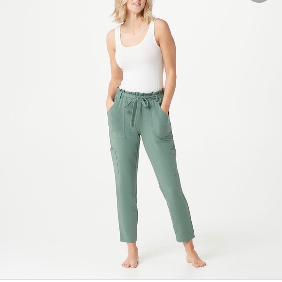 AnyBody Regular French Terry Pants with Paperbag Waist in Khaki, size medium - Picture 3 of 6